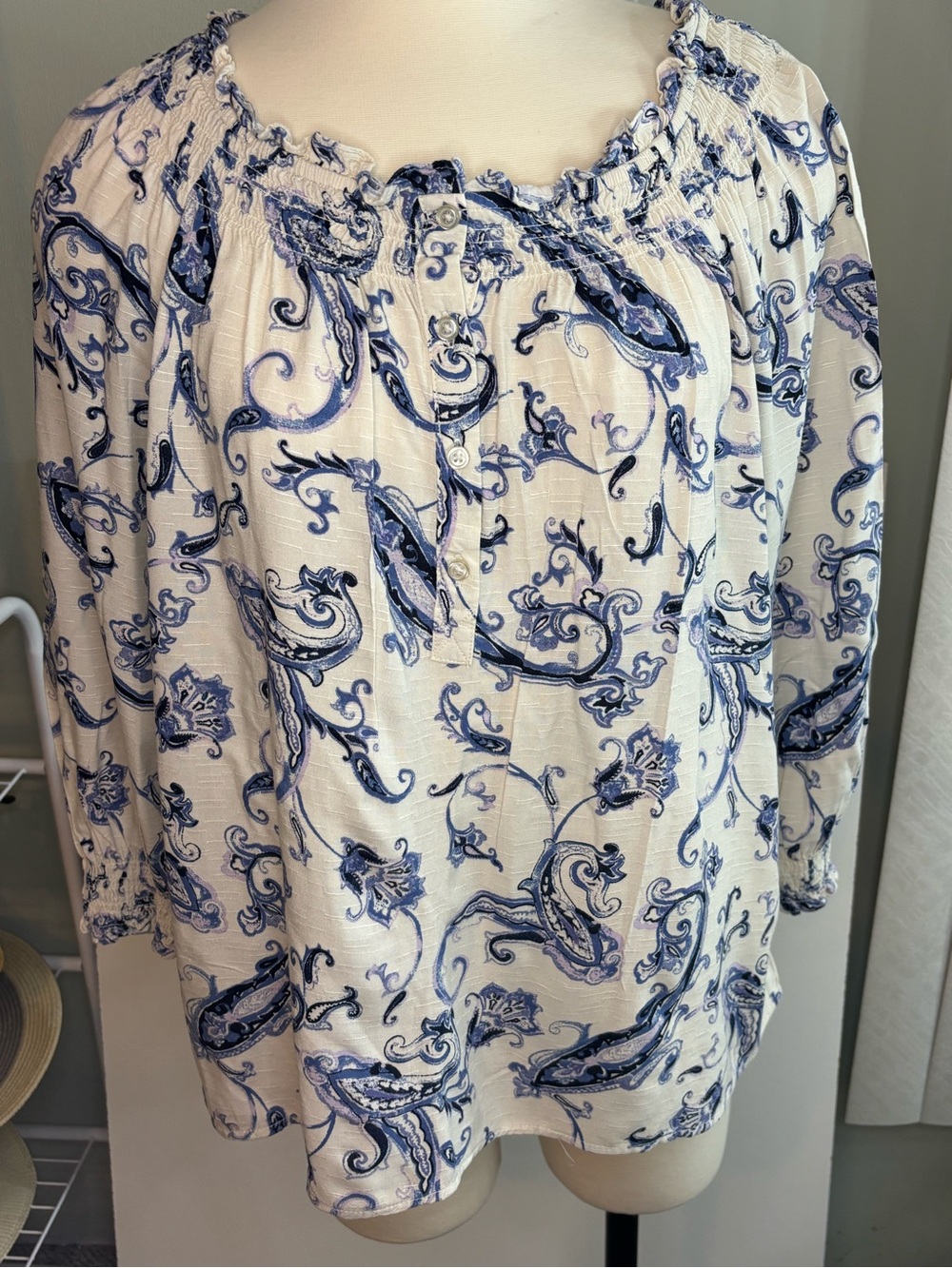 Cream Peasant Blouse with Blue Paisley Print